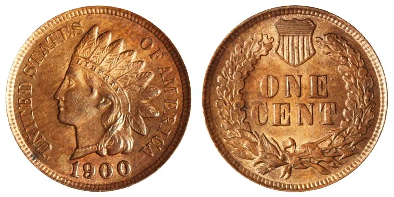 1900 Indian Head Penny obverse and reverse showing Miss Liberty in headdress and ONE CENT wreath design