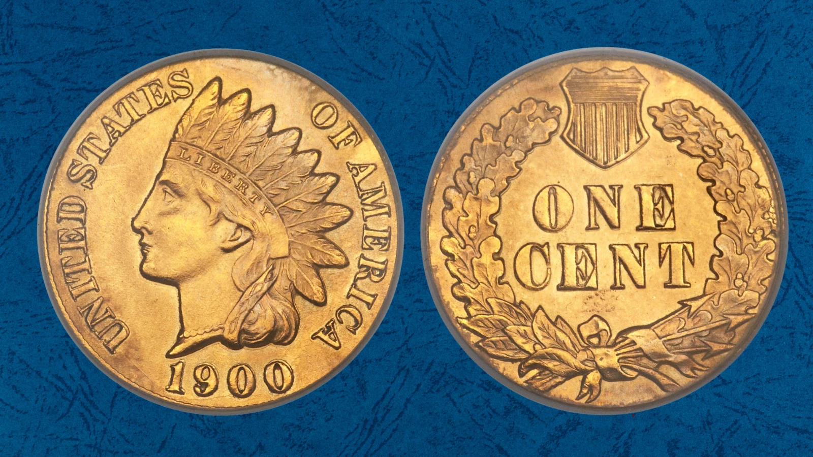 1900 Indian Head Penny gold planchet error showing golden coin color and diagnostic reverse pitting under EN in CENT