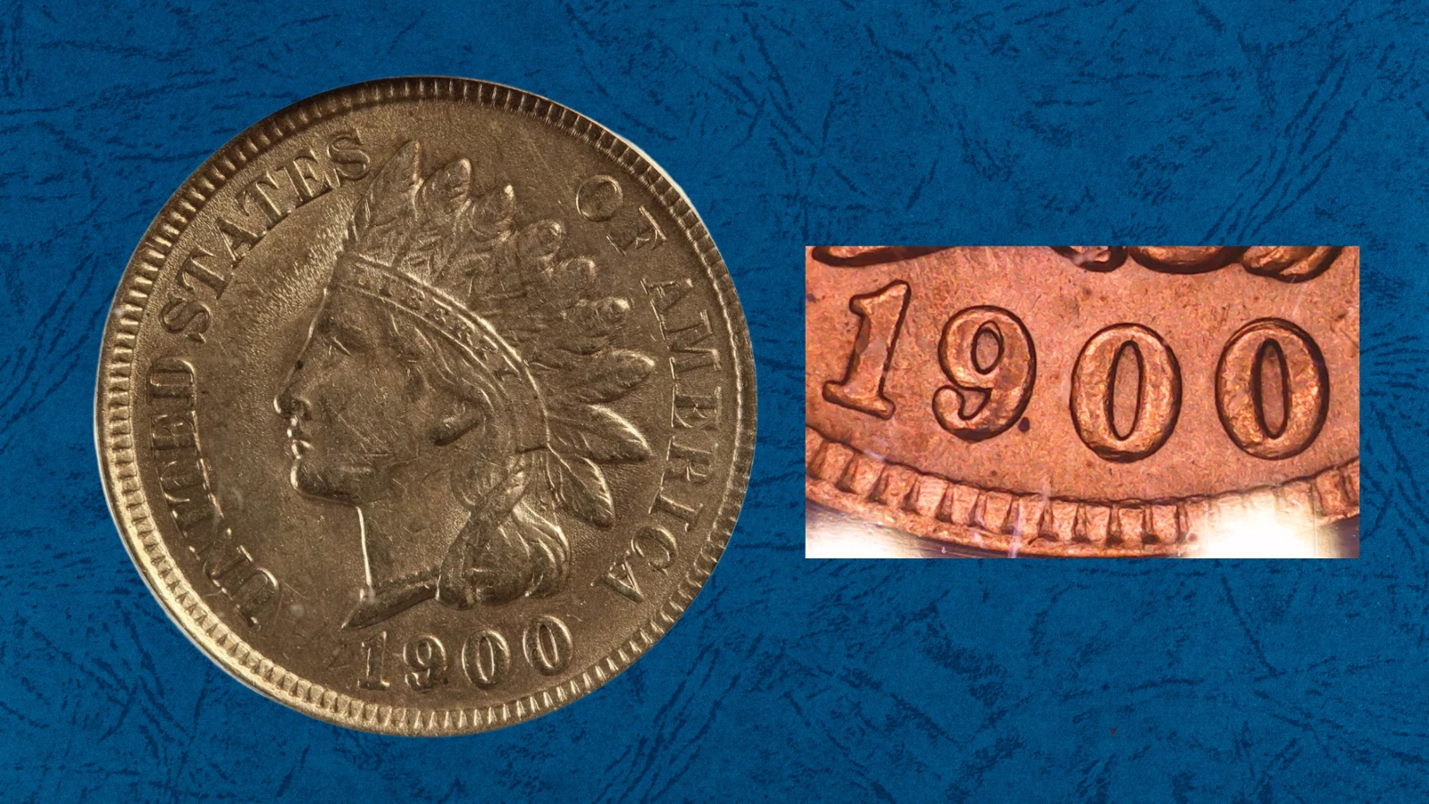 Close-up of 1900 Indian Head Penny repunched date (RPD) error showing secondary ghost impression of the 9 digit to the lower-left of the primary