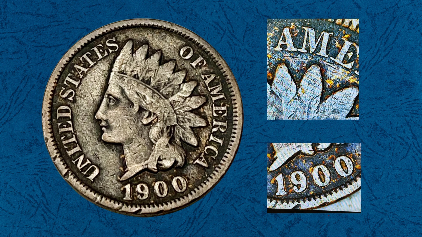 1900 Indian Head Penny Doubled Die Obverse (DDO) error showing doubling on LIBERTY lettering and feather detail in the headdress