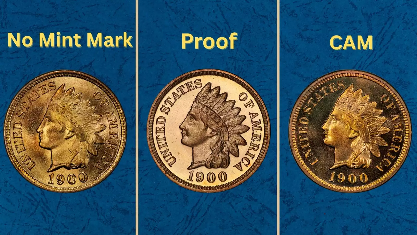 Group of 1900 Indian Head Pennies showing the range of conditions from heavily worn brown circulated examples to bright red gem mint state specimens