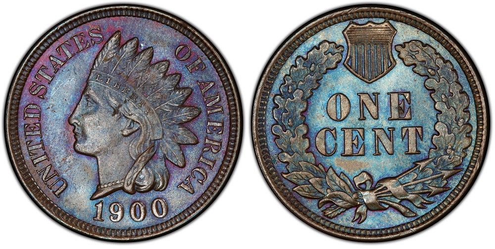1900 Indian Head Penny grading strip showing four examples in Good, Fine, About Uncirculated, and Mint State conditions side by side